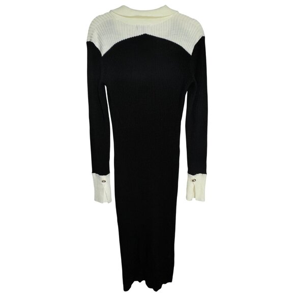 Black & White Fashion Nova Ribbed Knit Longline Sweater Dress XL Classic Buttons - Picture 2 of 7